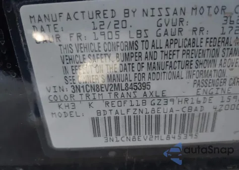 2021 Nissan Versa Sv Xtronic Cvt from USA, damaged, VIN 3N1CN8EV2ML845395